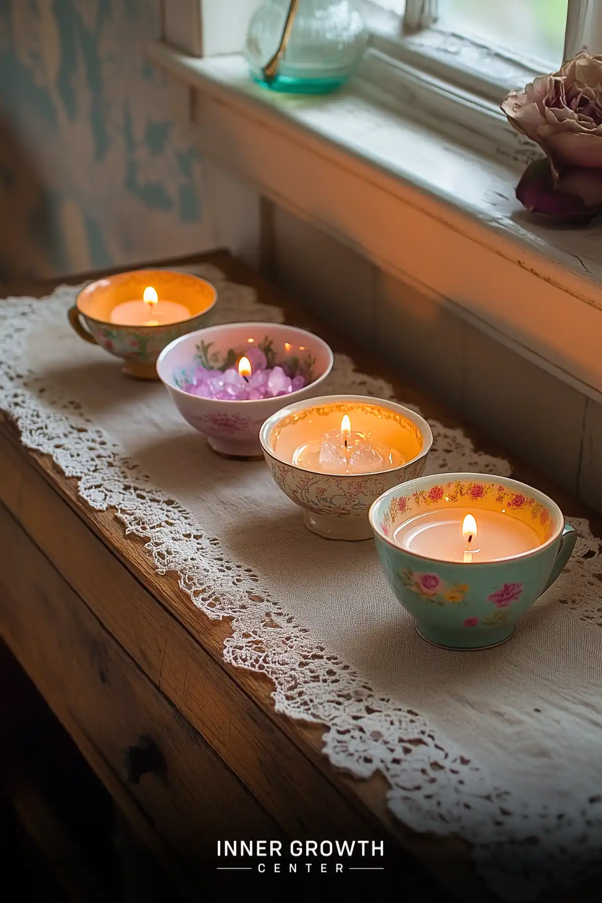 Four lit candles in colorful vintage teacups arranged on a lace runner, creating a charming DIY altar.