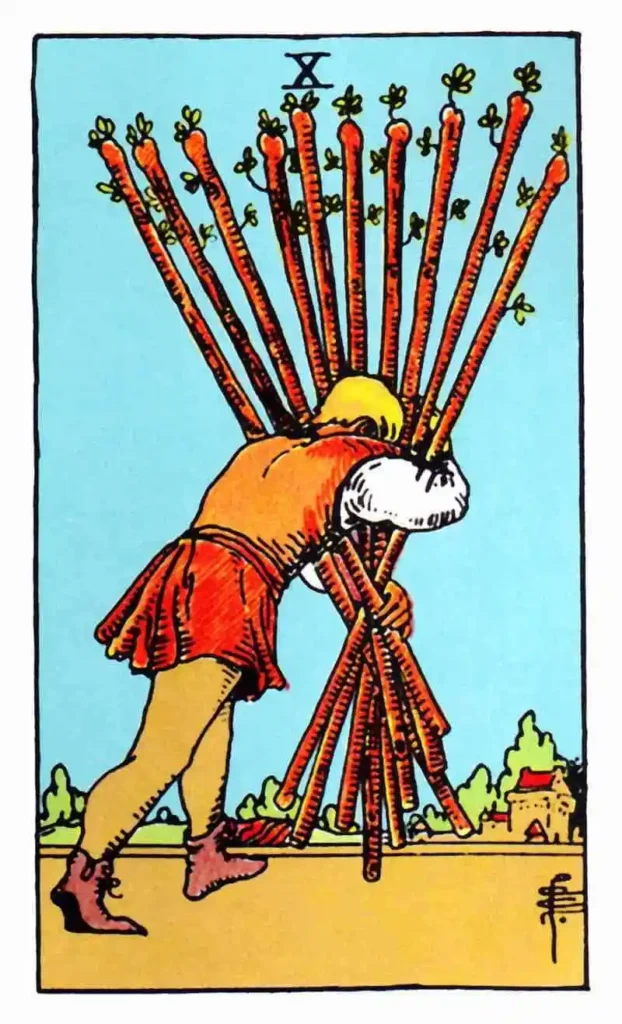 A man holding 10 wands upright, as the 10 of wands tarot card.