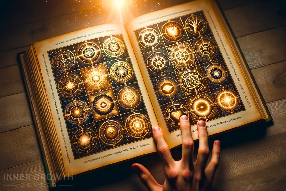 An open book with each page displaying the 12 universal laws. A hand holds the pages open.