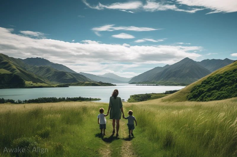 A carer holds the hands of two young children against a scenic backdrop