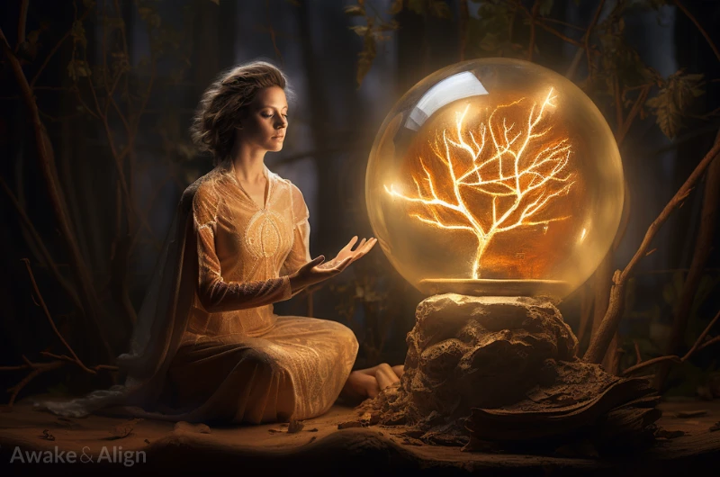 A woman focuses on a mysterious globe with a tree made out of light.