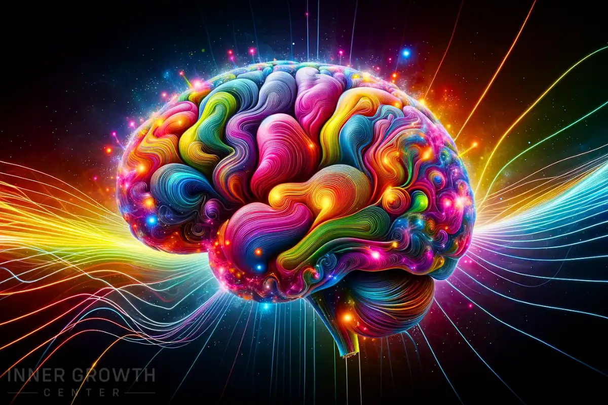 A colourful brain emitting thoughts and emotions.