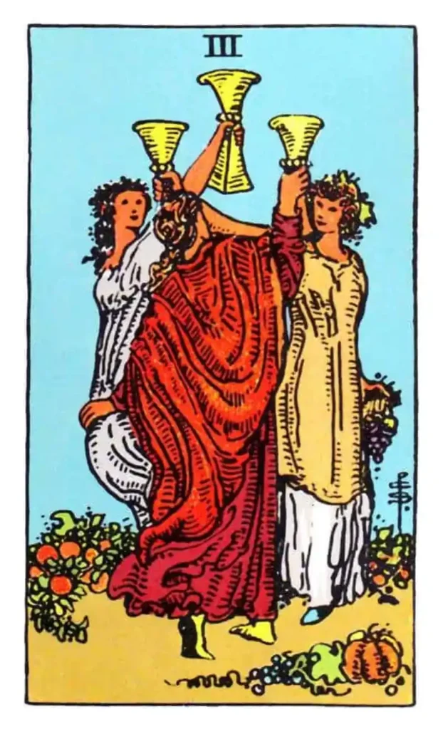 Two people holding three cups as the three of cups tarot card.