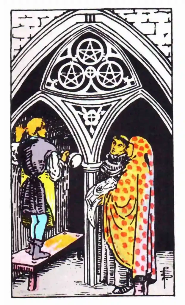 A tarot card with a man and woman standing in front of a door, as the 3 of pentacles tarot card.