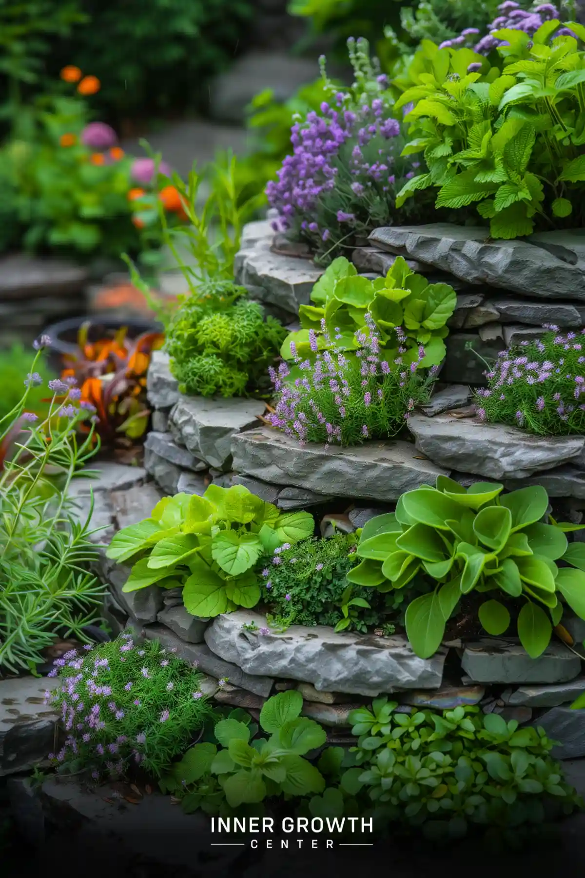 A lush tiered garden with stacked stones showcasing various herbs and flowering plants.