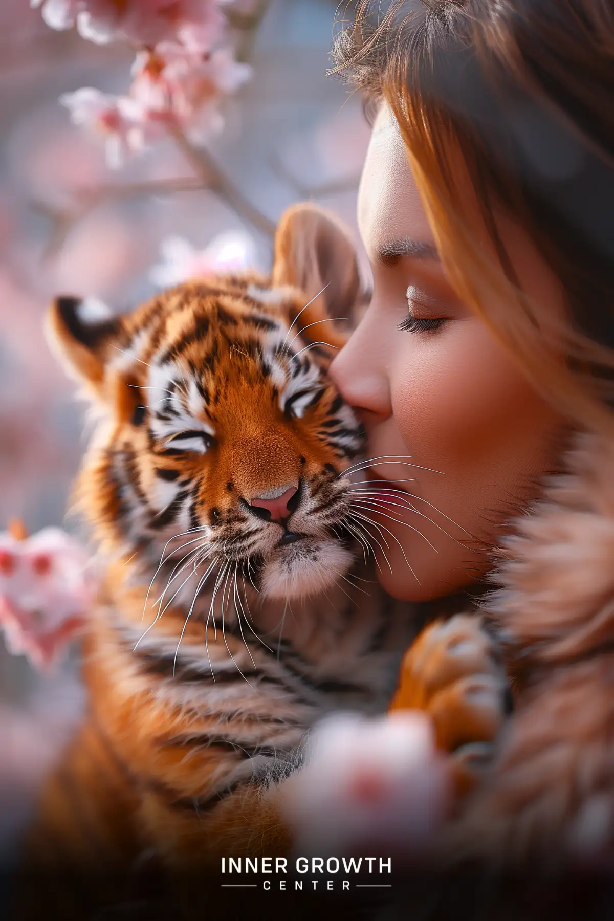 Woman gently nuzzling a tiger cub amid cherry blossoms.