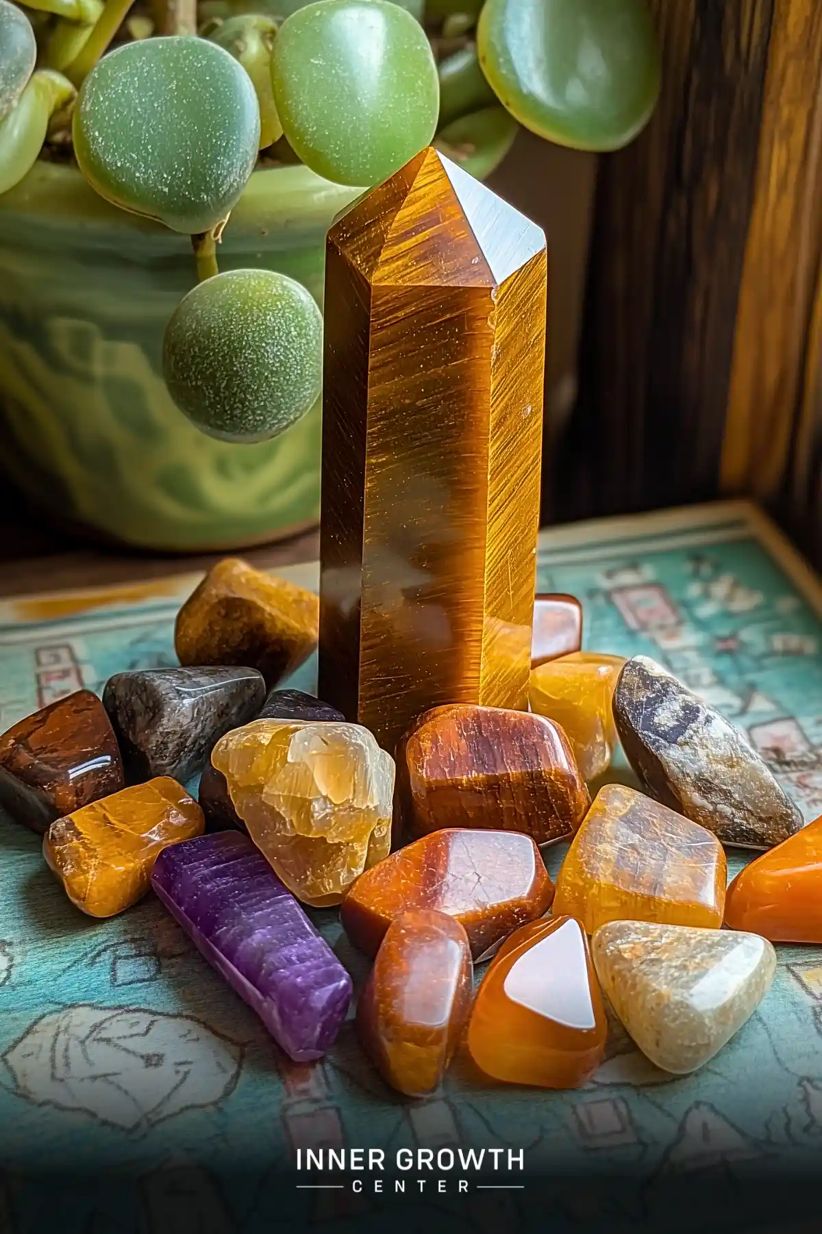 A collection of polished crystals and stones arranged around a tall tiger's eye point on a turquoise patterned surface, with jade plant leaves visible above.