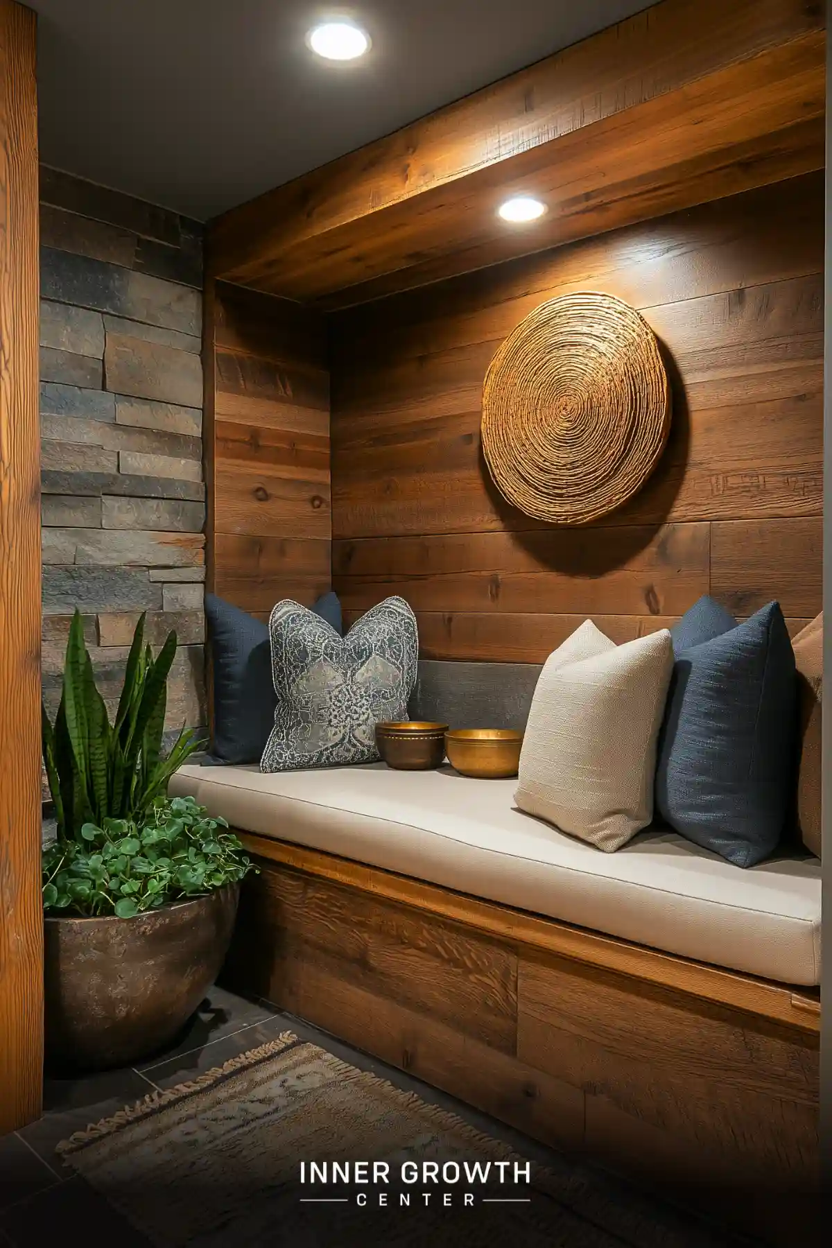 A cozy meditation nook with wood paneling and stone walls features a cushioned bench, singing bowls, and a circular woven wall art