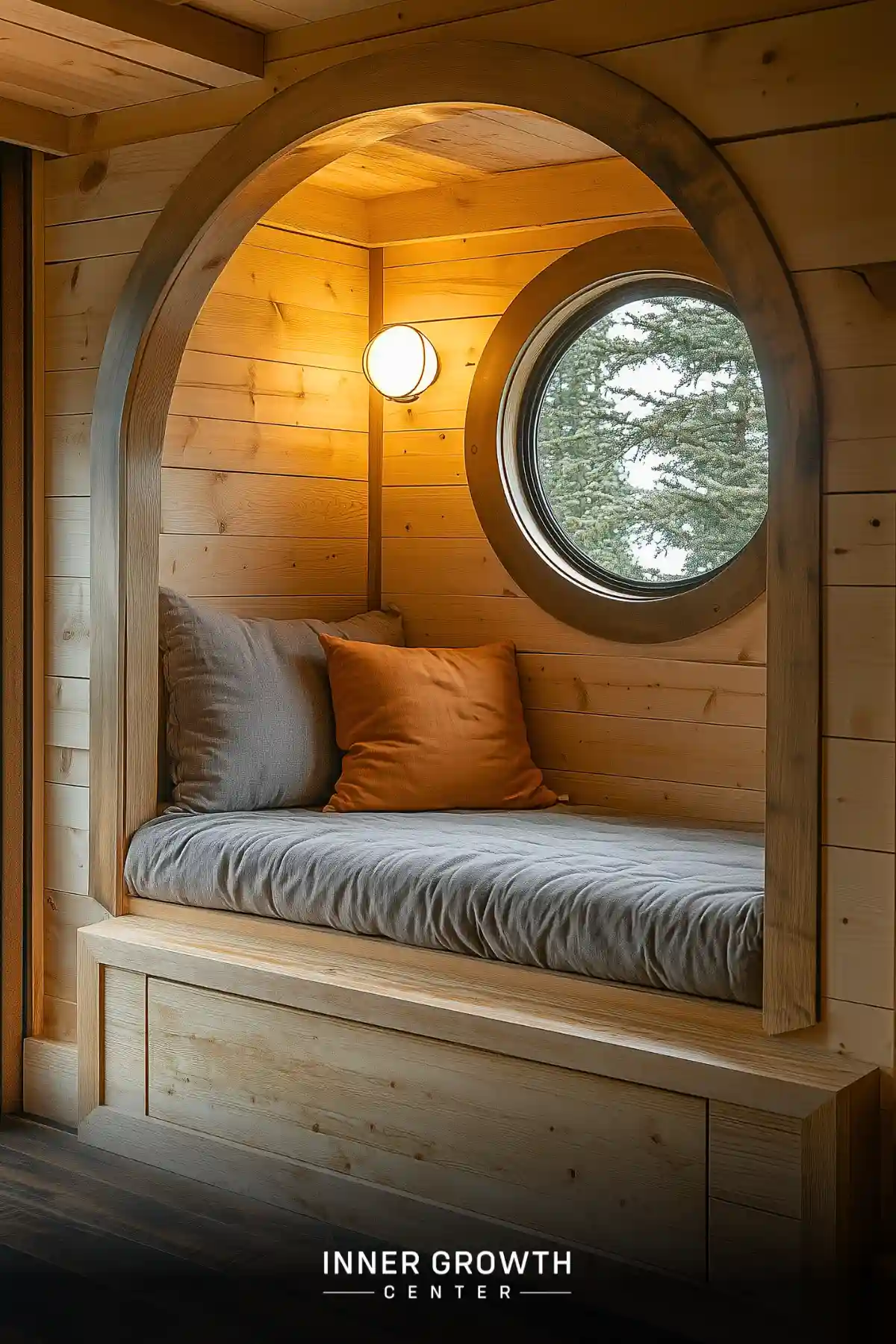 A small built-in meditation alcove with natural pine paneling, round window, and cushioned bench maximizes corner space for mindful moments.