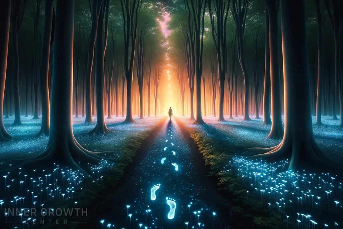 A person walks through a forest leaving glowing foot prints and plants, symbolising starseed signs.