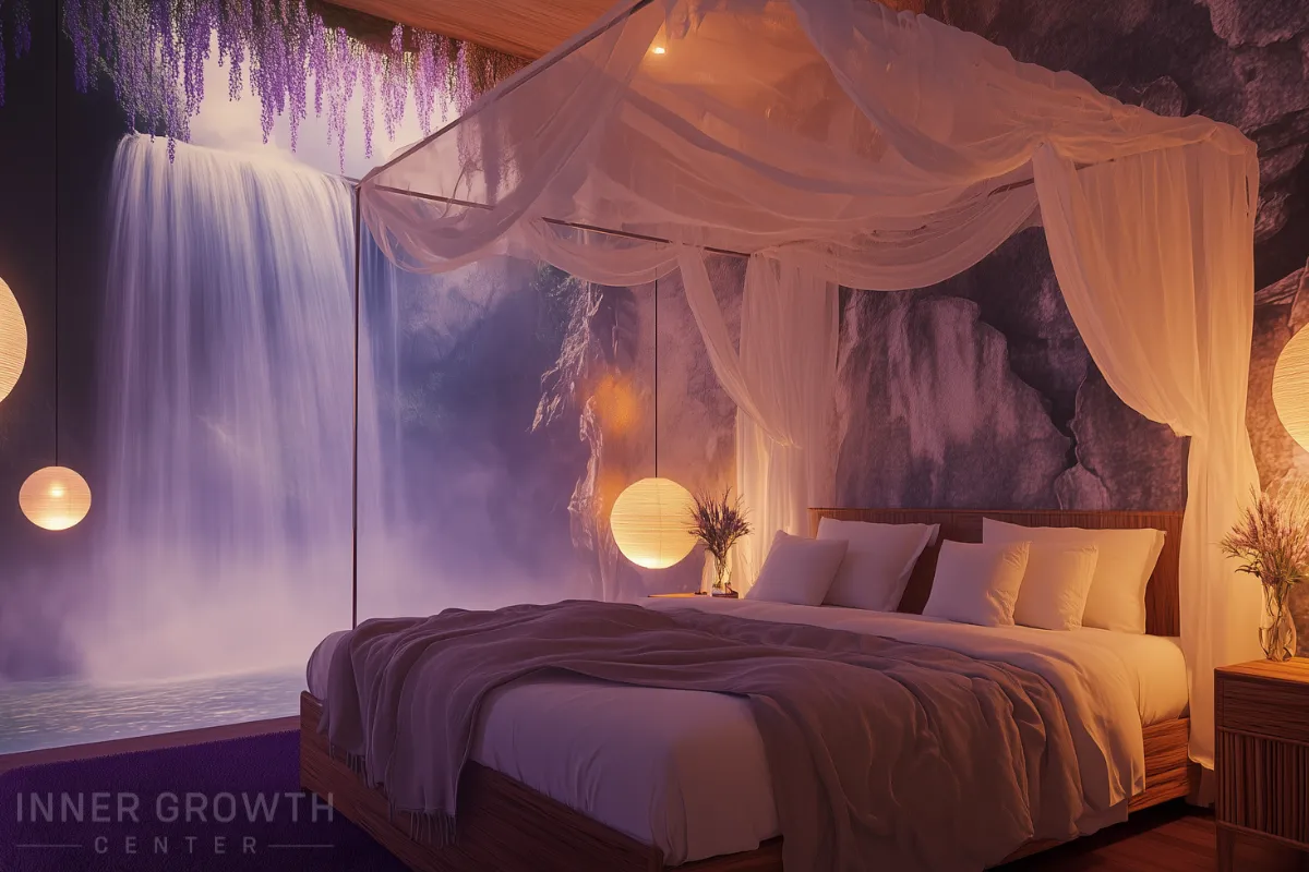 A tranquil bedroom with waterfall image and lamps surrounding it.