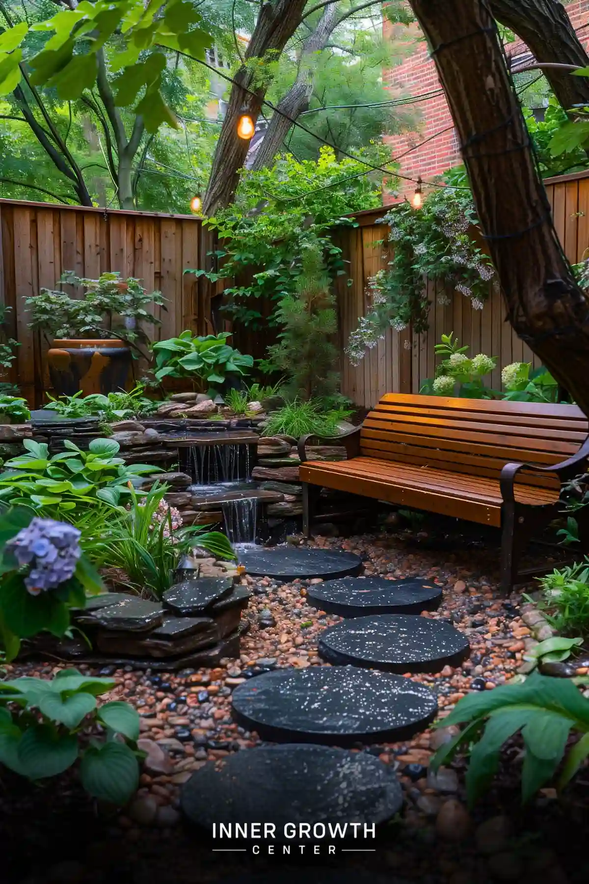 A lush garden with a waterfall feature, stepping stones, and a wooden bench surrounded by vibrant greenery.