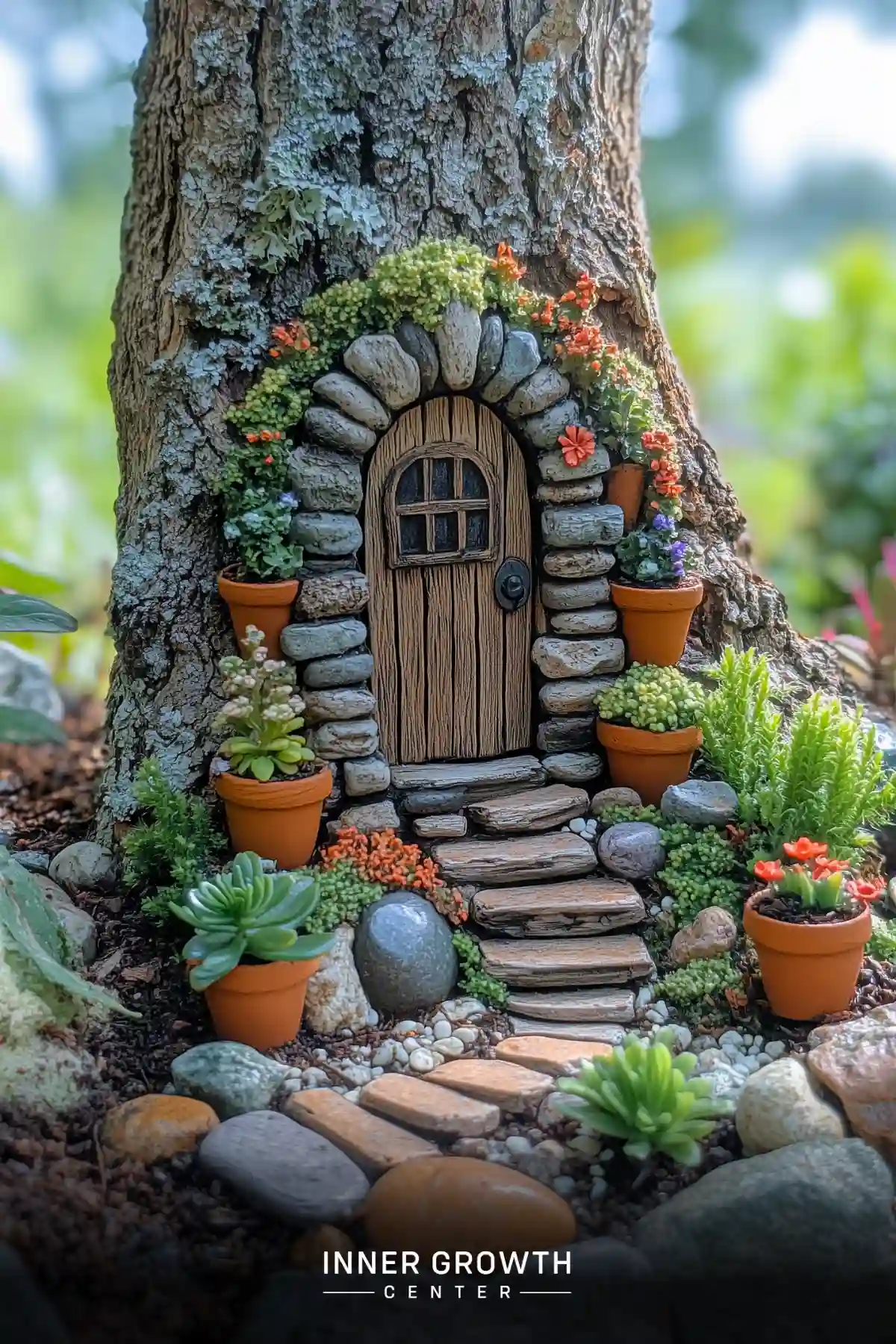 A miniature wooden door set in a stone archway against a tree trunk, surrounded by tiny potted succulents and a pebbled pathway.