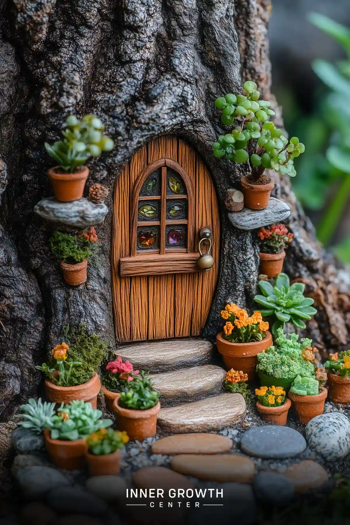 A miniature wooden door set into a dark tree trunk, surrounded by tiny potted succulents and flowering plants on stone steps.