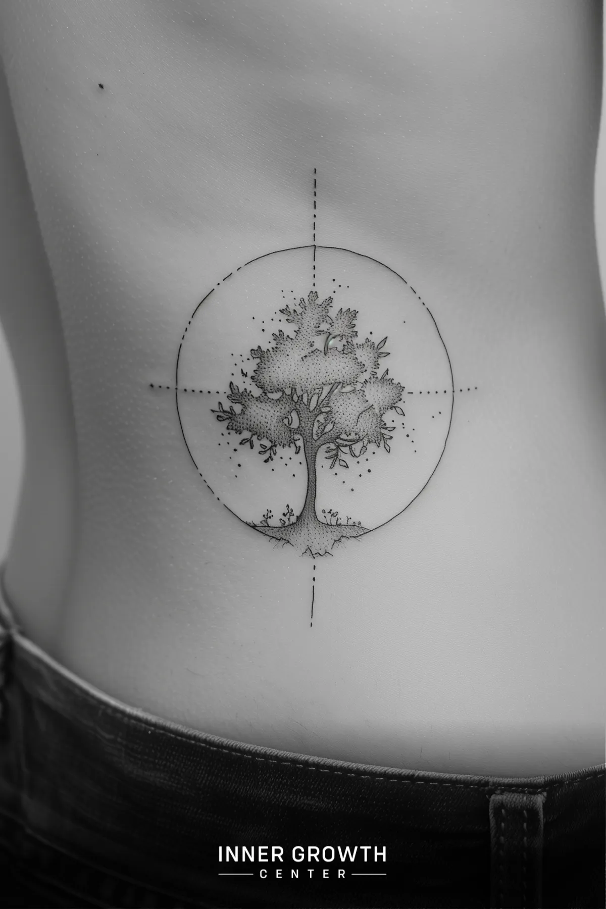 A tree in the crosshairs tattoo.