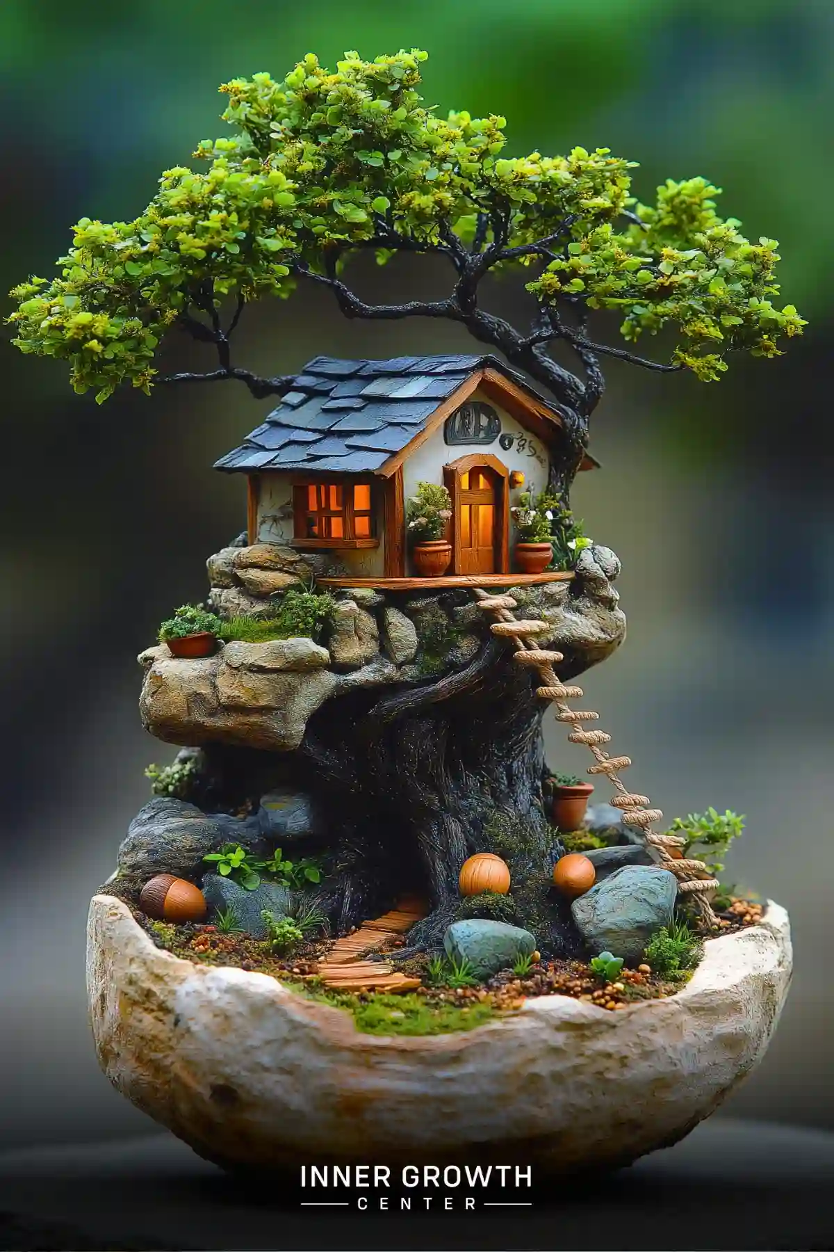 A miniature fairy house nestled in a stone terrarium, featuring a bonsai tree, rope ladder, and glowing windows.