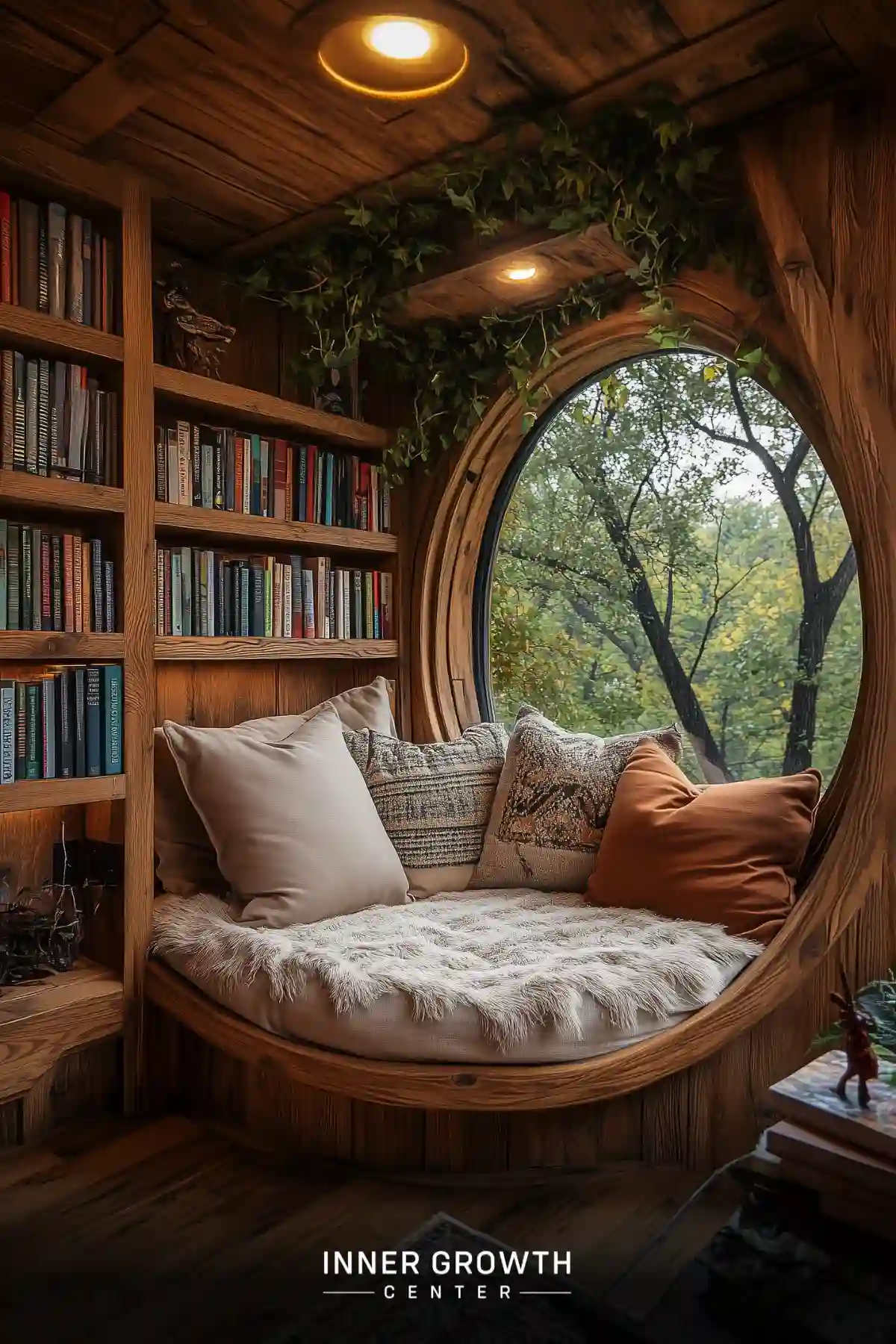 Cozy wooden reading nook with circular window overlooking trees, surrounded by bookshelves and adorned with plants.