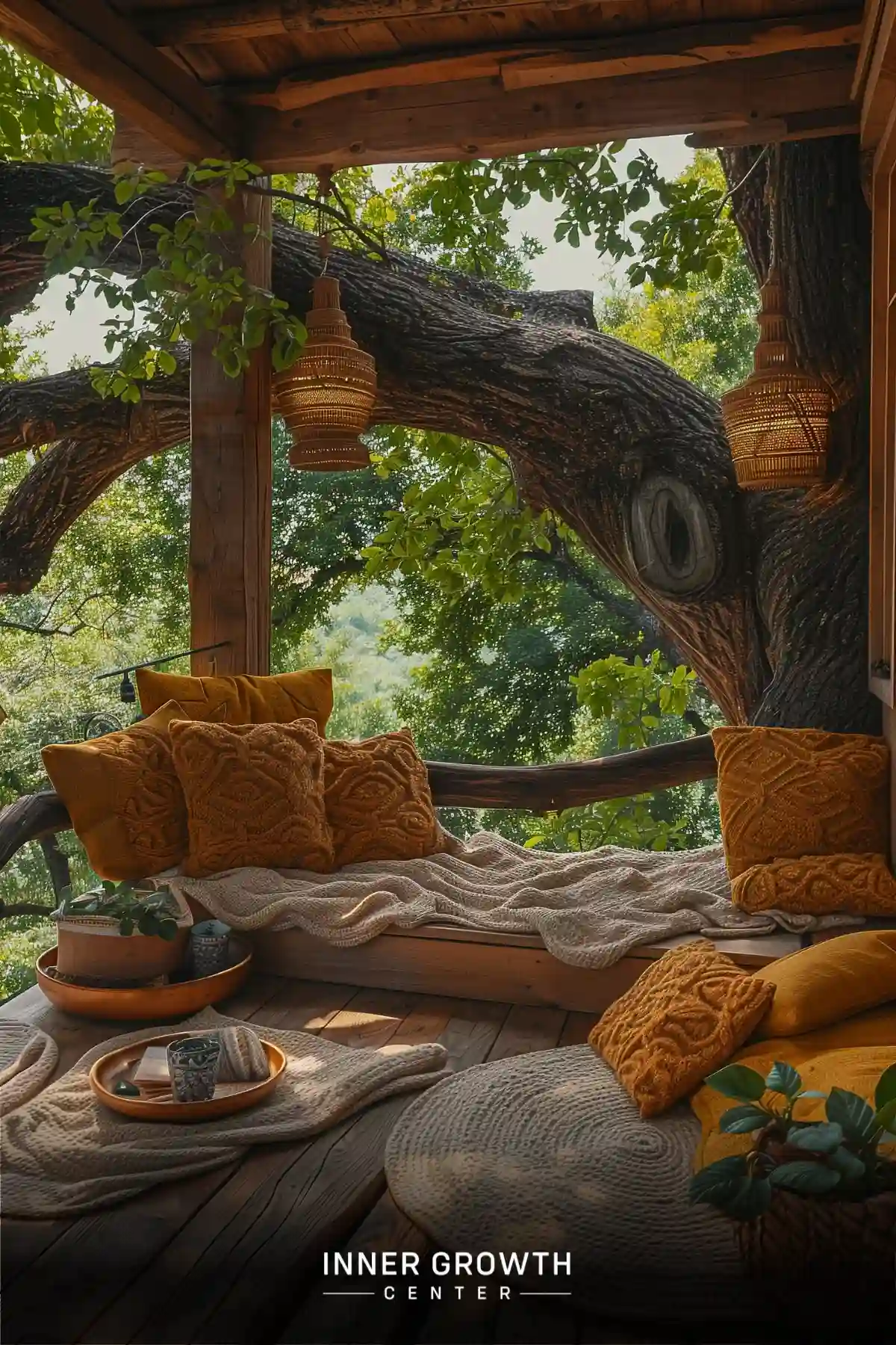 A cozy wooden platform nestled among tree branches, featuring cushions, blankets, and hanging lights.