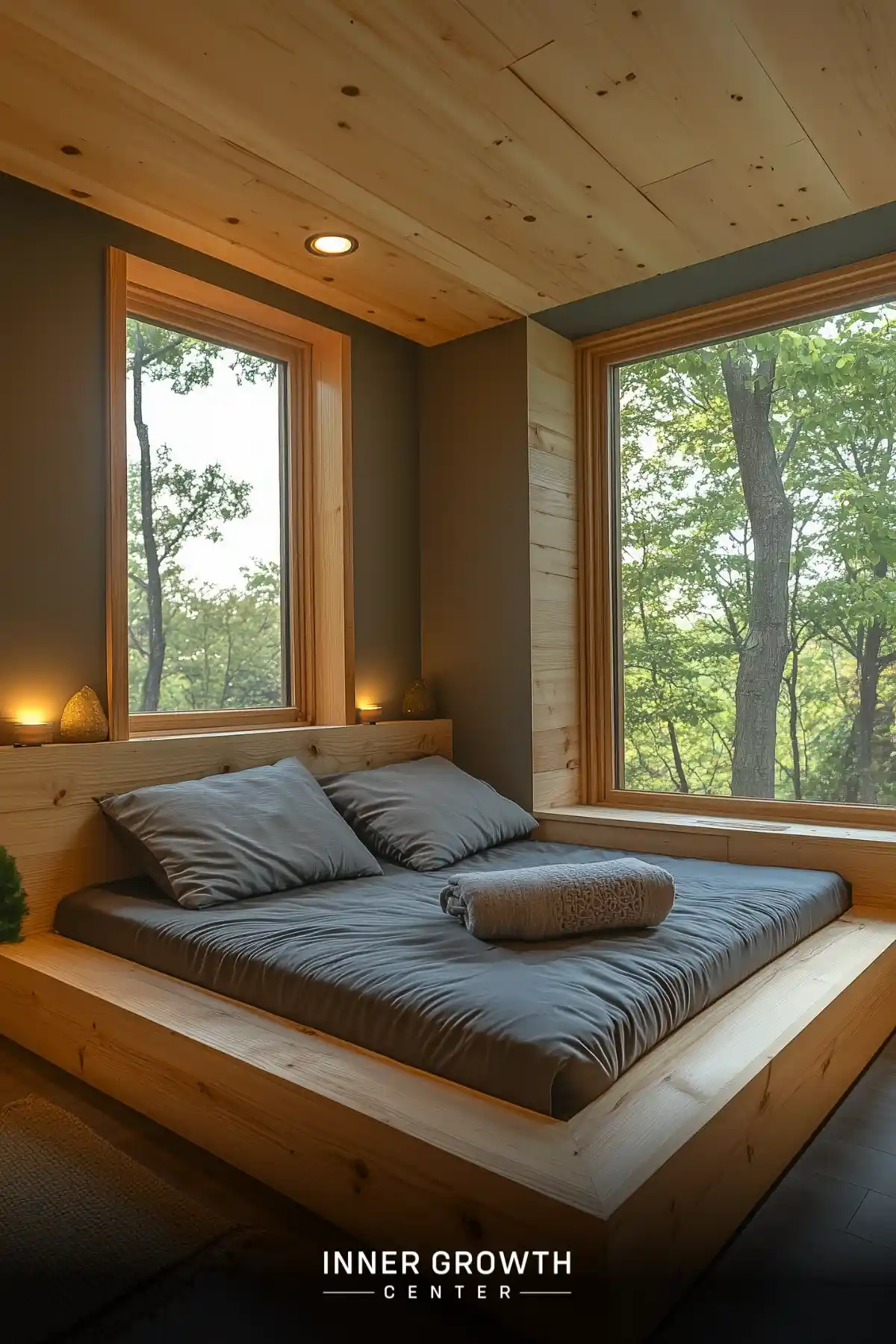 Cozy wooden sleeping loft with large windows overlooking trees, featuring a low platform bed and minimalist decor.