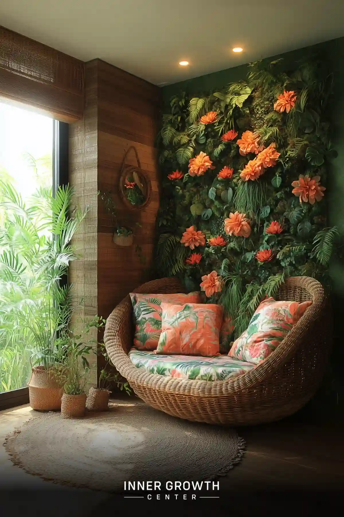 A cozy meditation corner with a wicker chair against a lush green wall adorned with vibrant orange flowers.