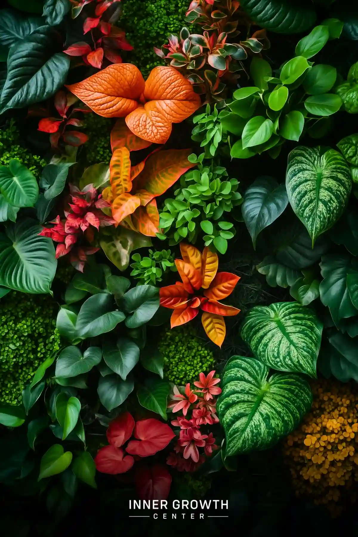 Lush living wall featuring vibrant orange anthurium flowers, variegated philodendron leaves, and red blossoms among deep green foliage.