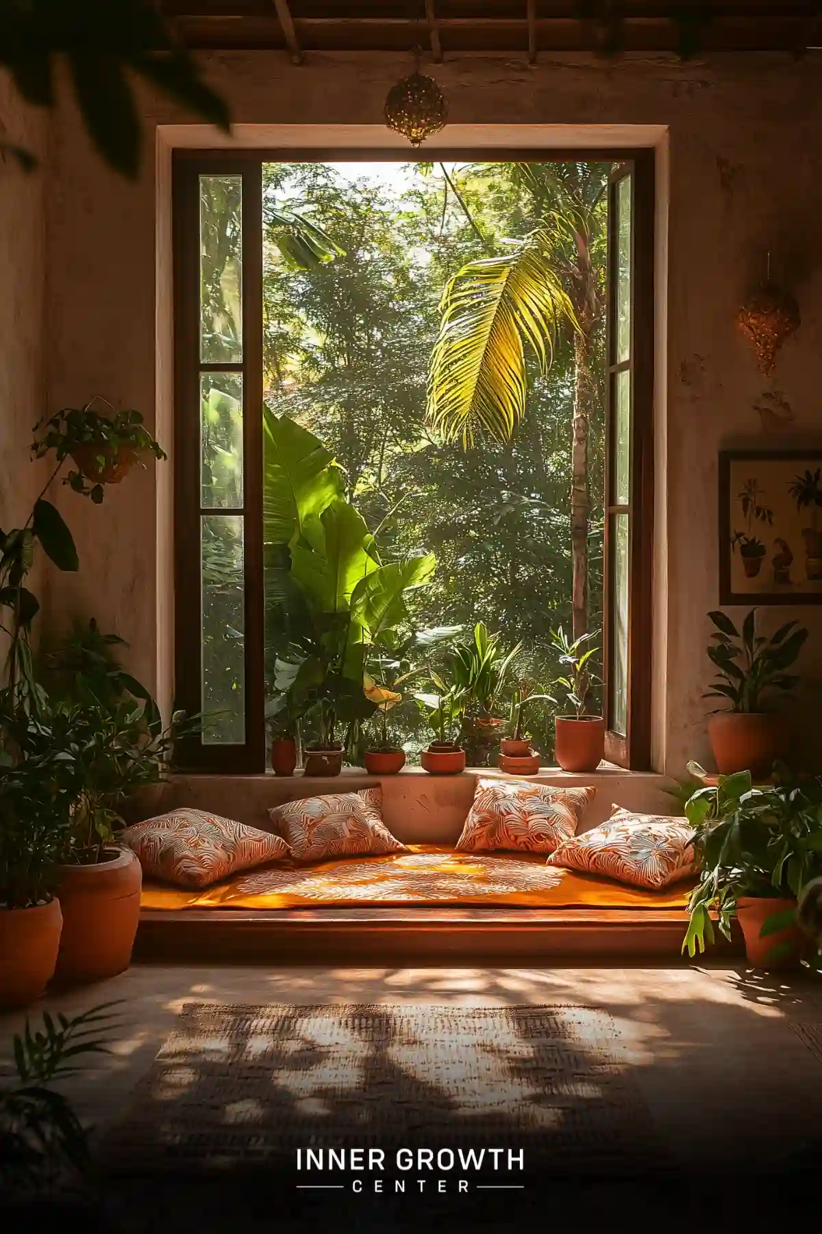 A sunlit window seat with tropical cushions overlooking a lush garden, surrounded by potted plants.