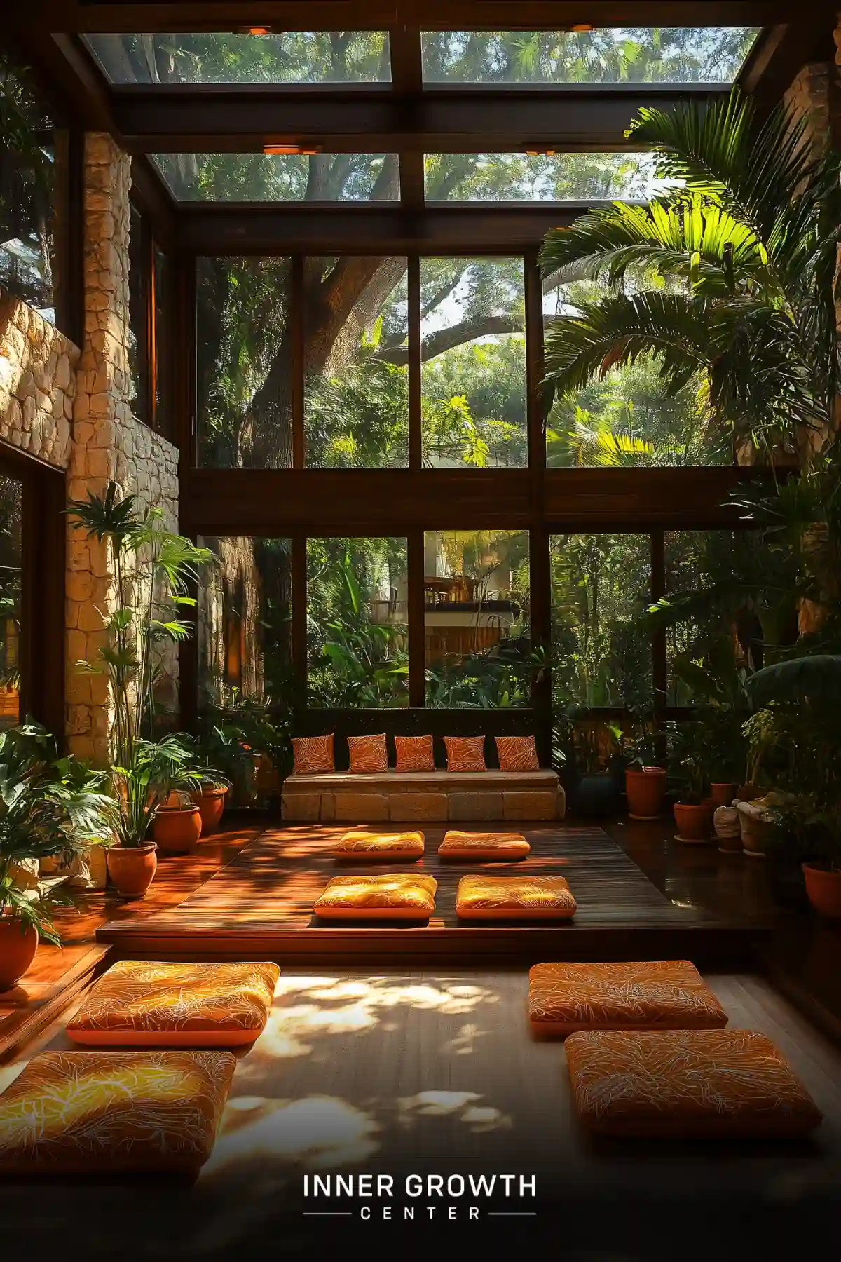 A sunlit greenhouse meditation space with orange cushions surrounded by lush tropical plants.