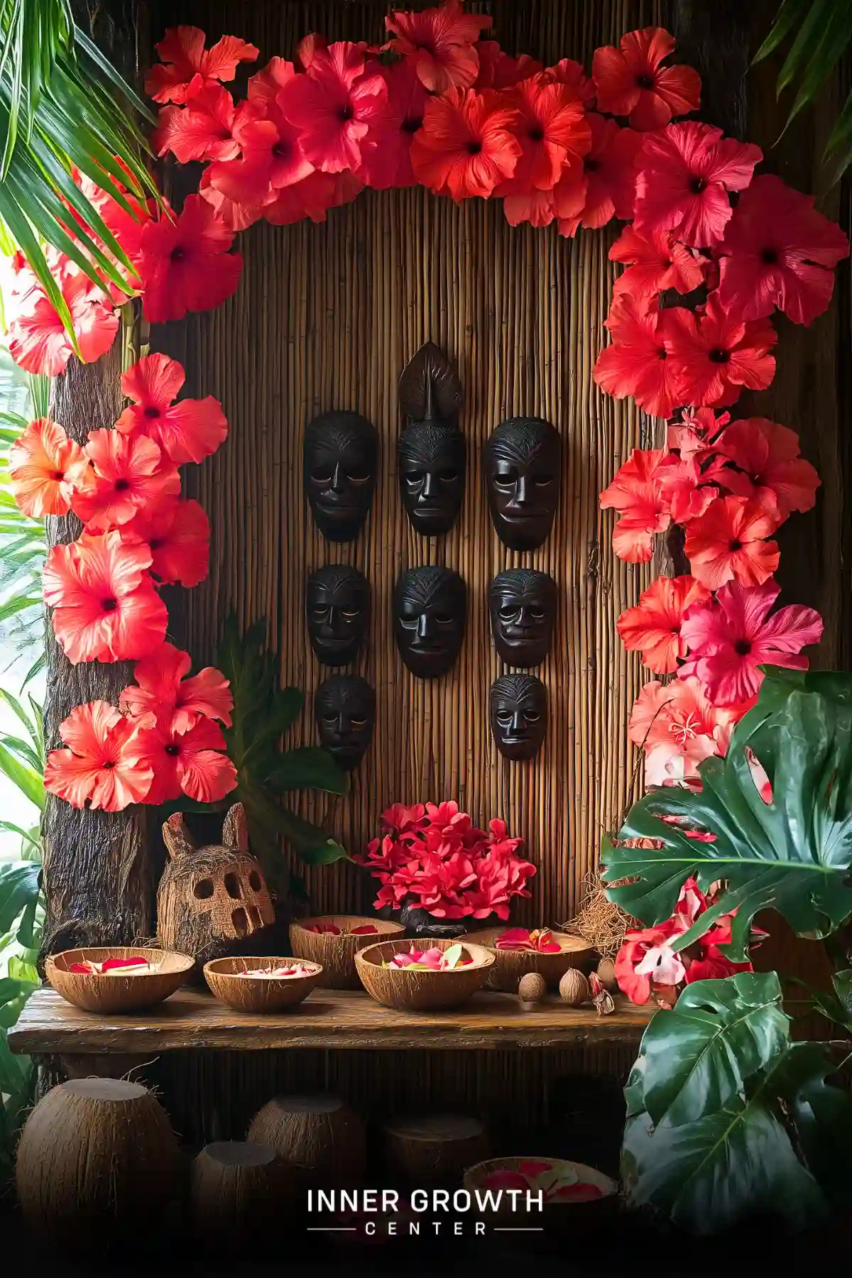 Wooden altar with vibrant red hibiscus flowers, tropical leaves, and dark wooden masks.