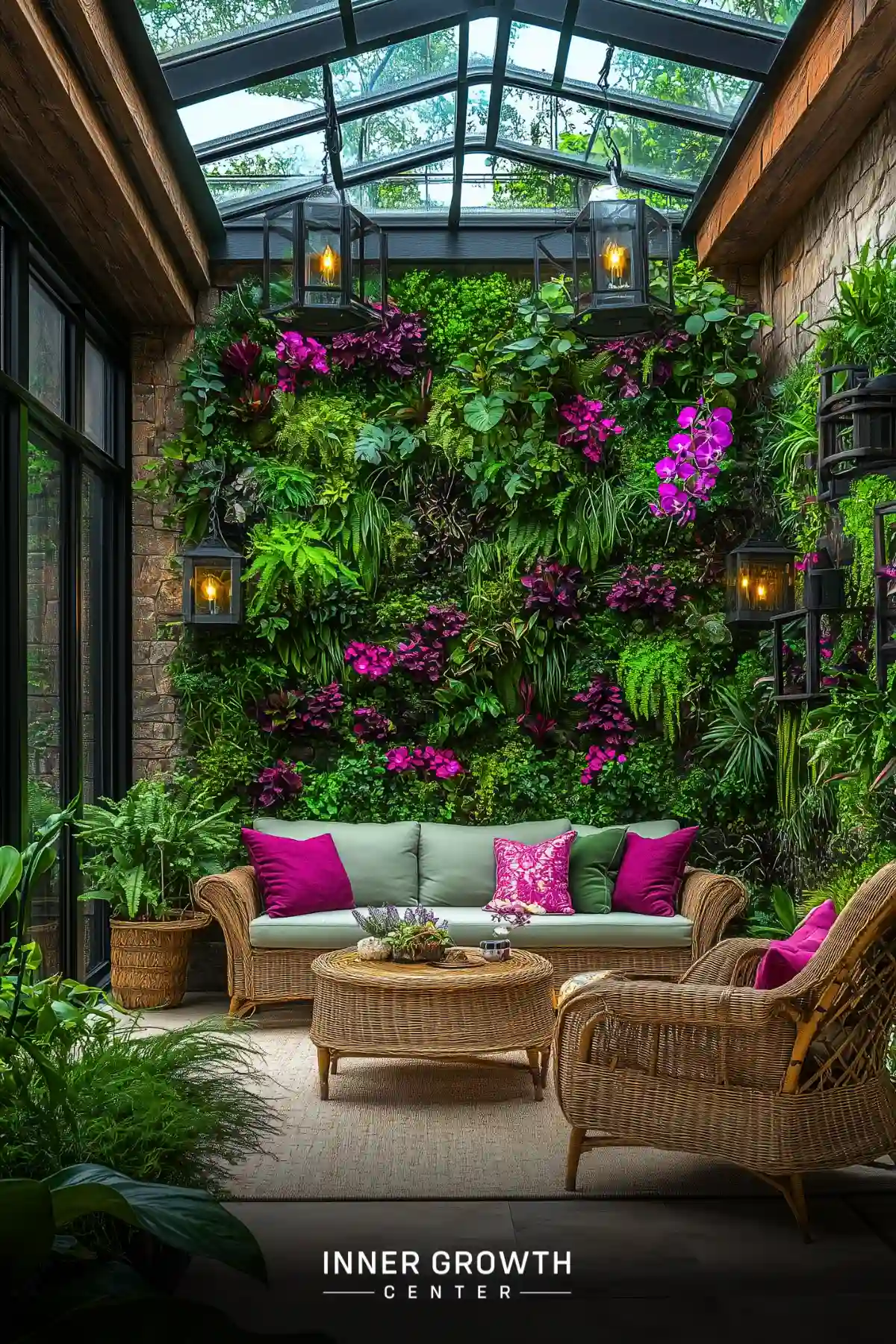 A cozy sunroom features a lush vertical garden with vibrant orchids and ferns, complemented by wicker furniture and lantern lighting.