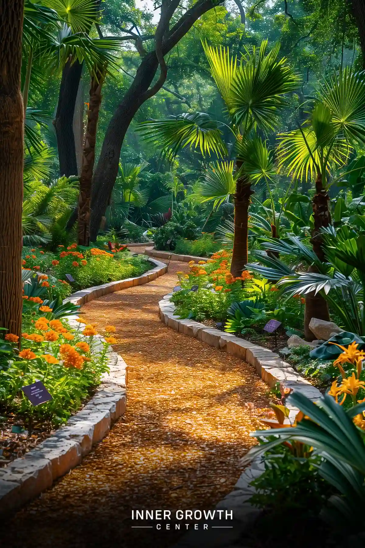 A winding path through a lush tropical garden with palm trees and vibrant flowers.