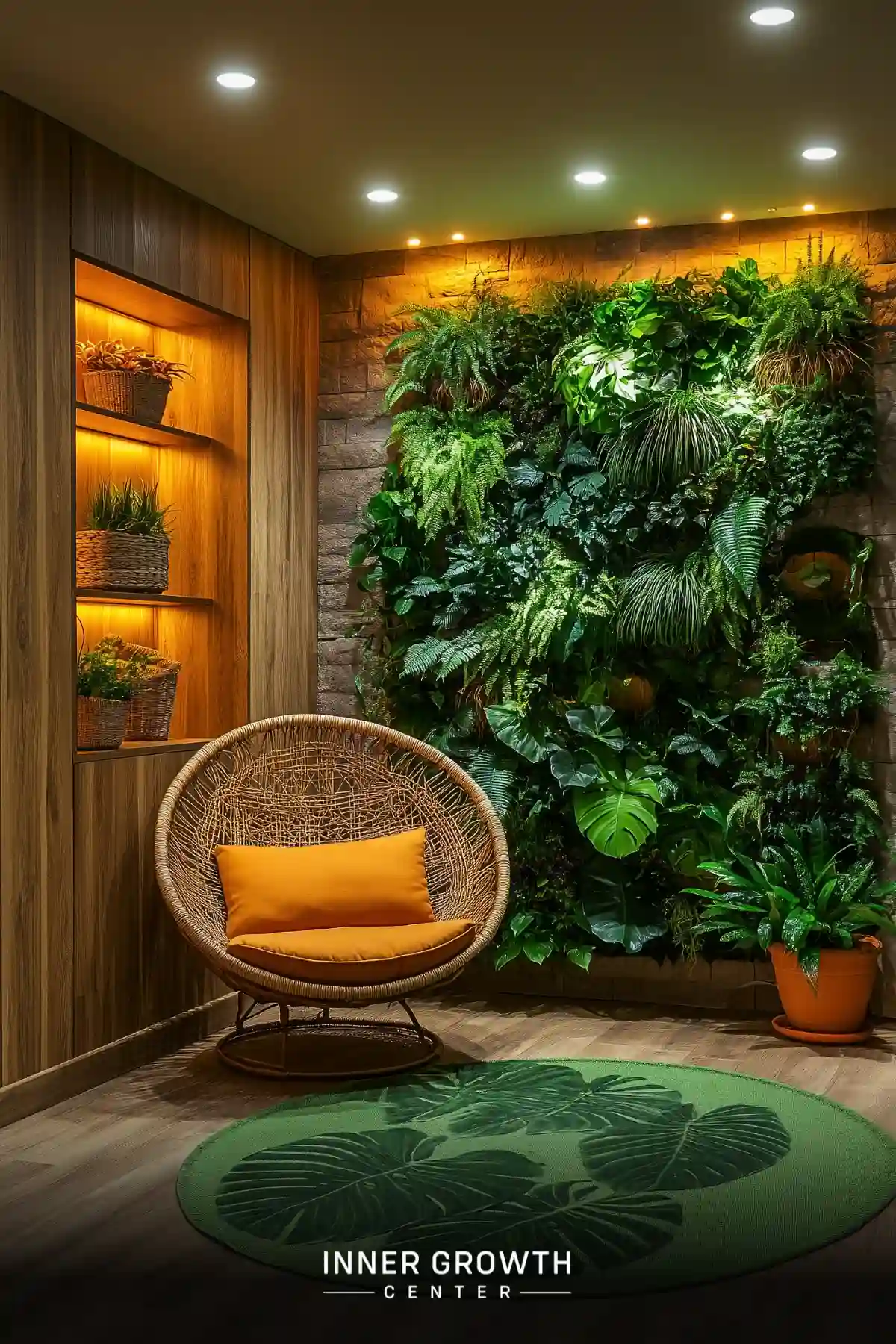 A cozy meditation nook featuring a lush vertical garden, rattan chair, and warm lighting.