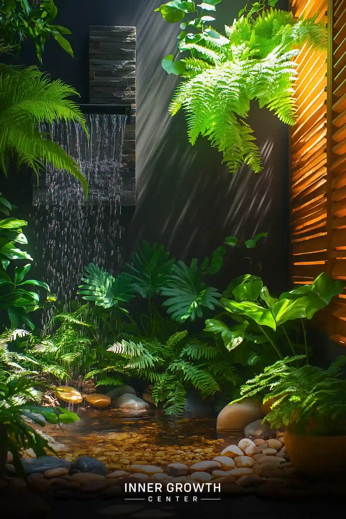 A serene indoor waterfall cascades over dark stone into a peaceful pool surrounded by lush ferns and tropical plants in filtered sunlight.