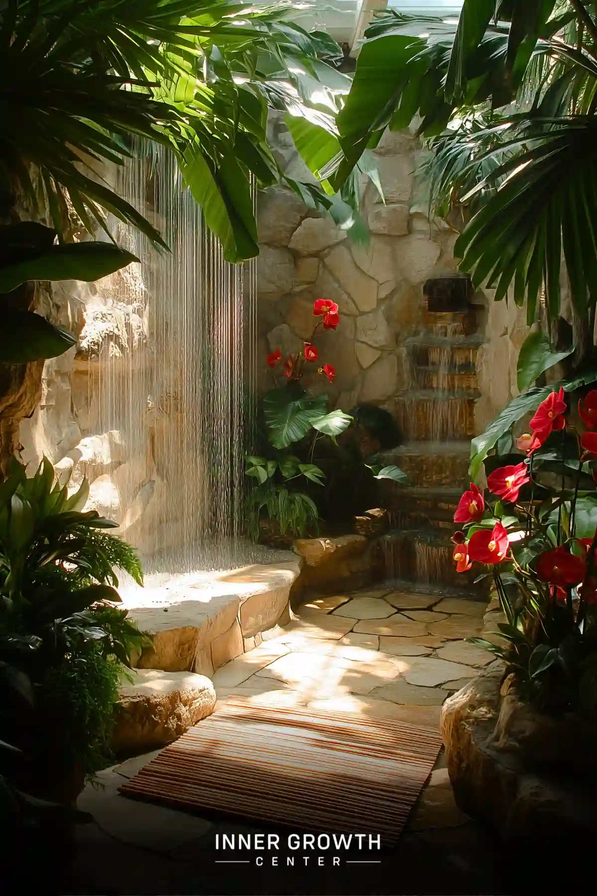 A serene indoor waterfall garden with natural stone walls, bamboo mat, tropical plants and vibrant red anthuriums bathed in soft sunlight.