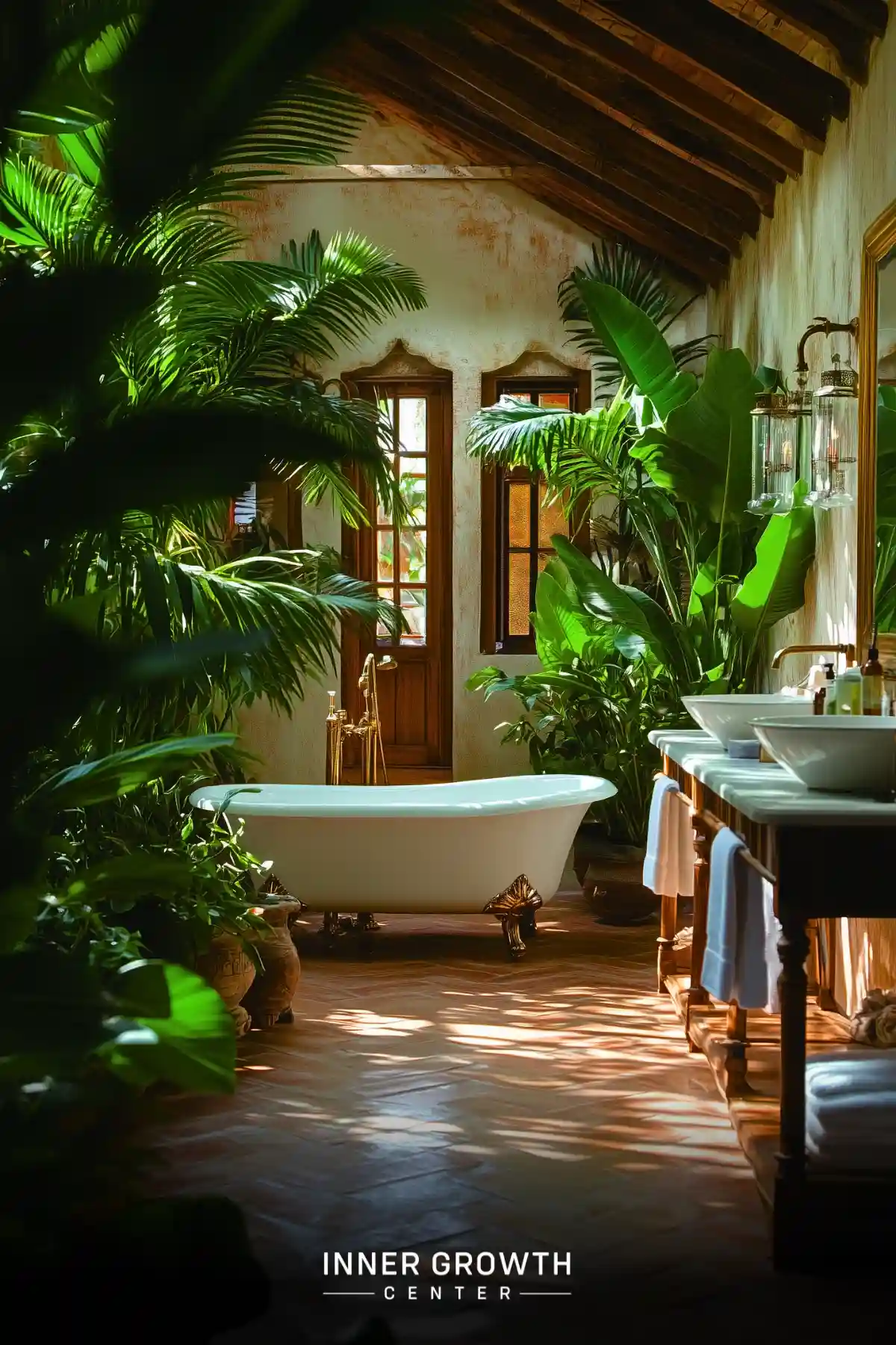 A luxurious spa bathroom with a clawfoot tub surrounded by tropical palms and monstera plants, bathed in warm natural light.