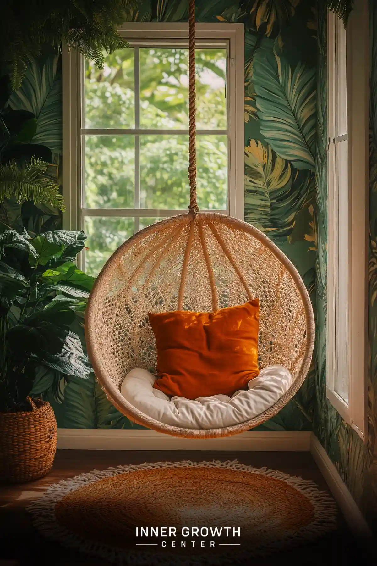 A white woven hanging chair with plush cushions creates a suspended meditation space against tropical leaf wallpaper and natural light