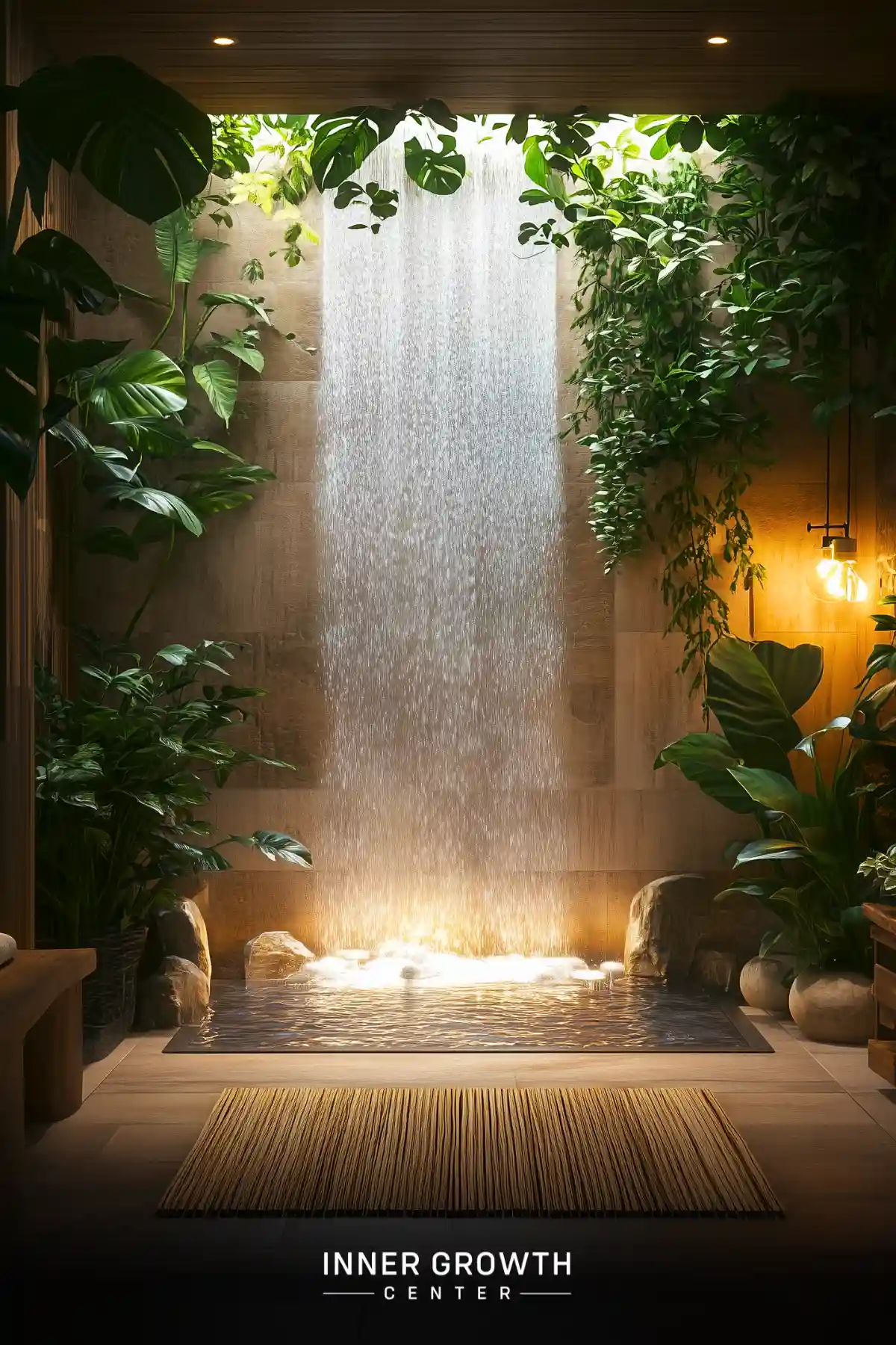 An indoor meditation space with a central waterfall surrounded by lush tropical plants and warm lighting.