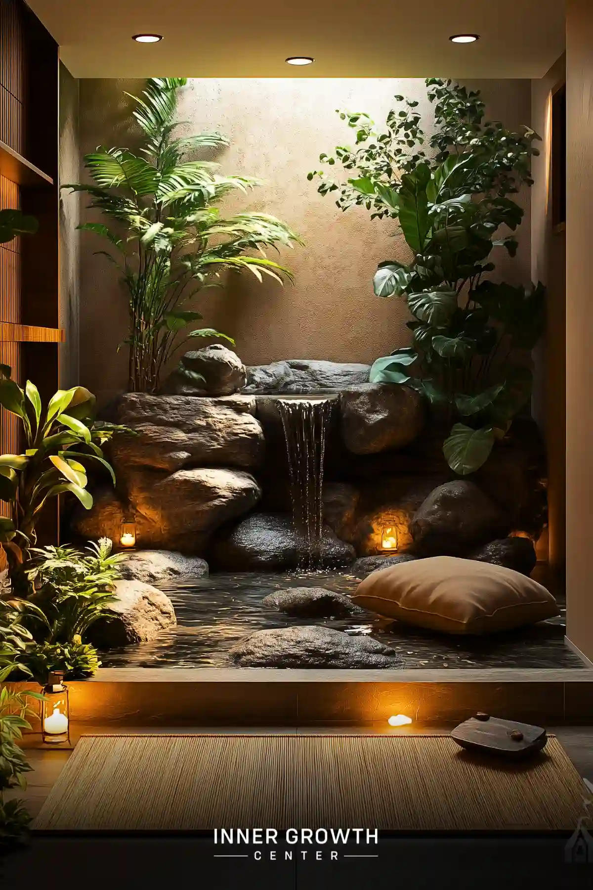 Indoor meditation space with lush plants, rocks, and a small waterfall, creating a serene tropical atmosphere.