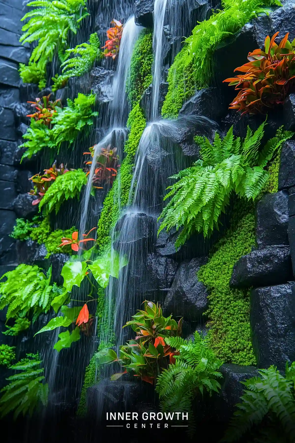 Living wall with cascading water features surrounded by lush ferns, bright orange foliage, and green moss against black stone.