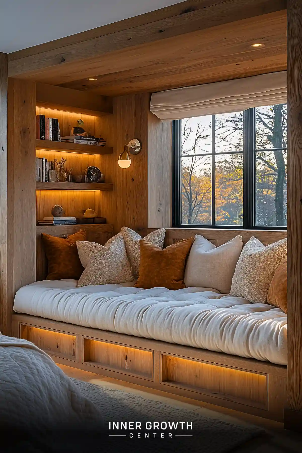 A built-in window seat features a plush white tufted cushion, cream and rust pillows, oak paneling with LED lighting, and illuminated display shelves.