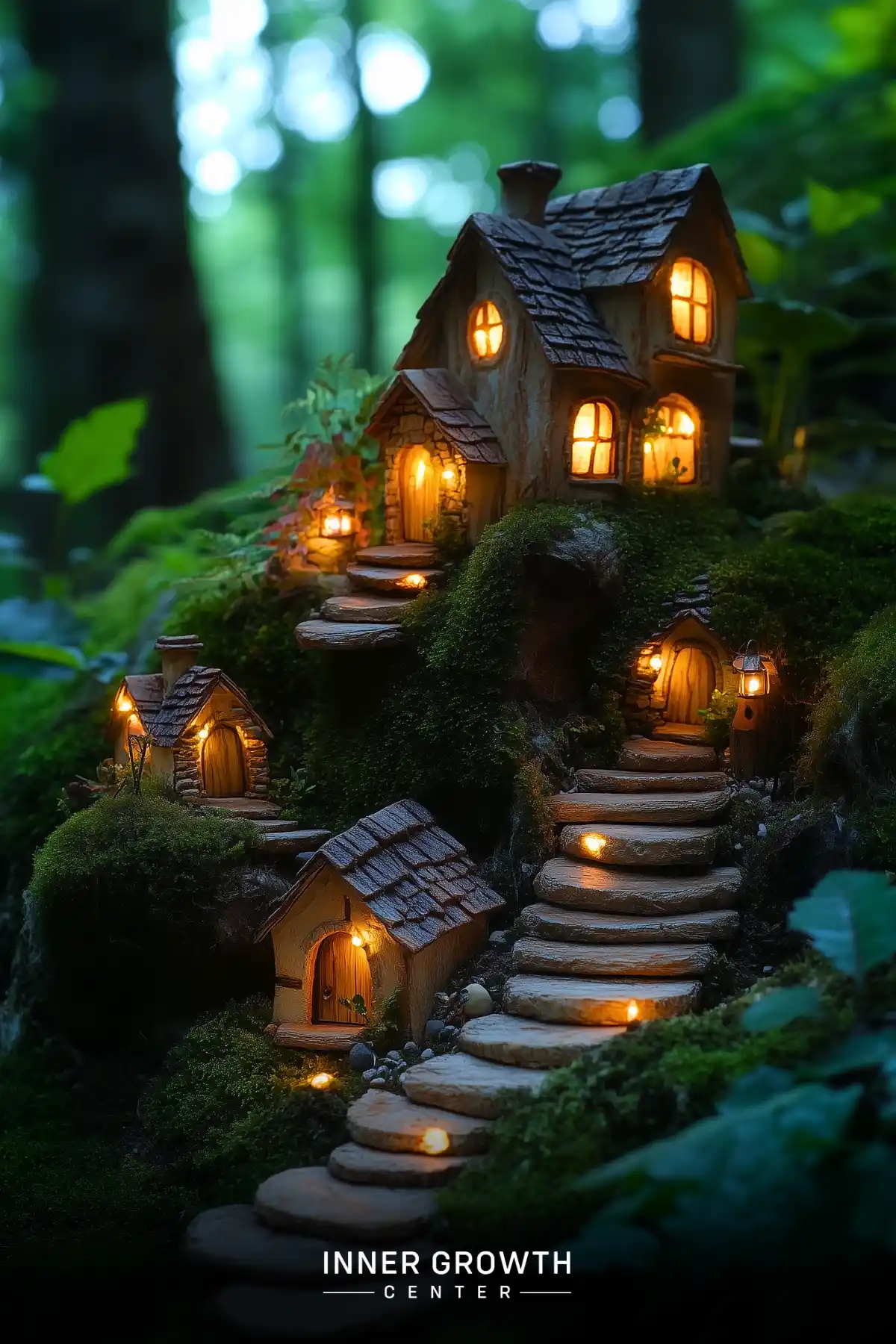 A miniature village scene with illuminated cottages arranged on a mossy hillside, connected by stone steps with glowing lanterns at dusk.