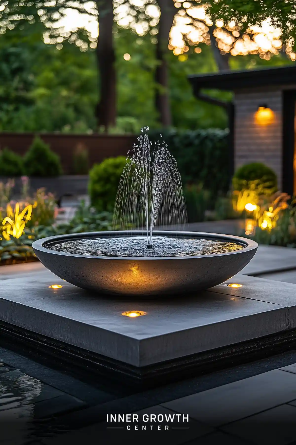 A modern bowl-shaped fountain with upward spray illuminated at dusk in a serene garden setting.