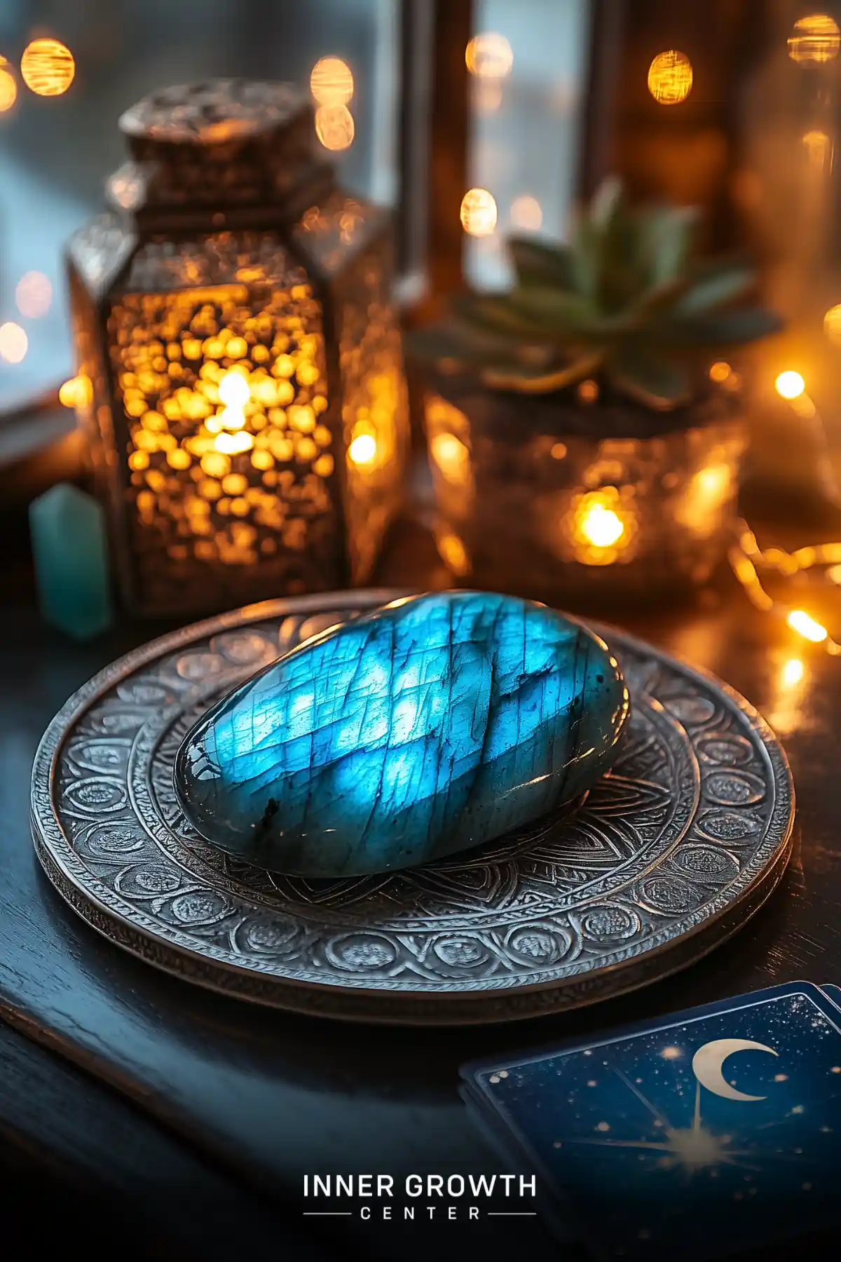 A luminous labradorite palm stone rests on an ornate metal plate, surrounded by warm lantern light and mystical decorations