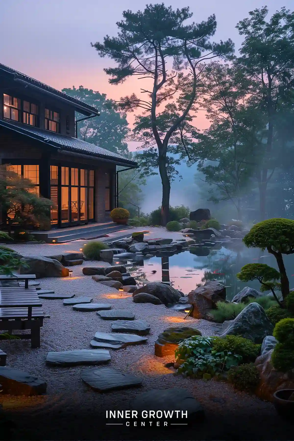 A serene Japanese-style garden with a pond, stepping stones, and illuminated paths at dusk.