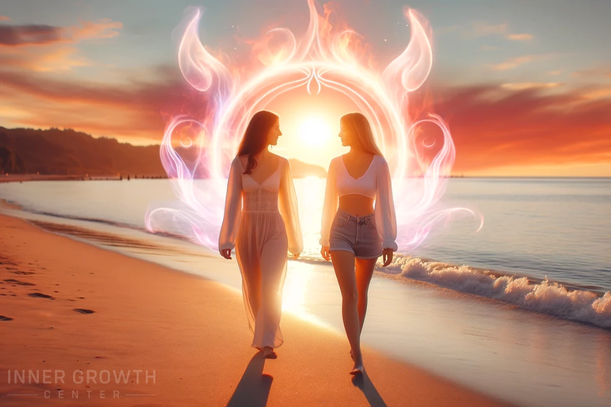 Two women walking on the beach enjoying their twin flame friendship.