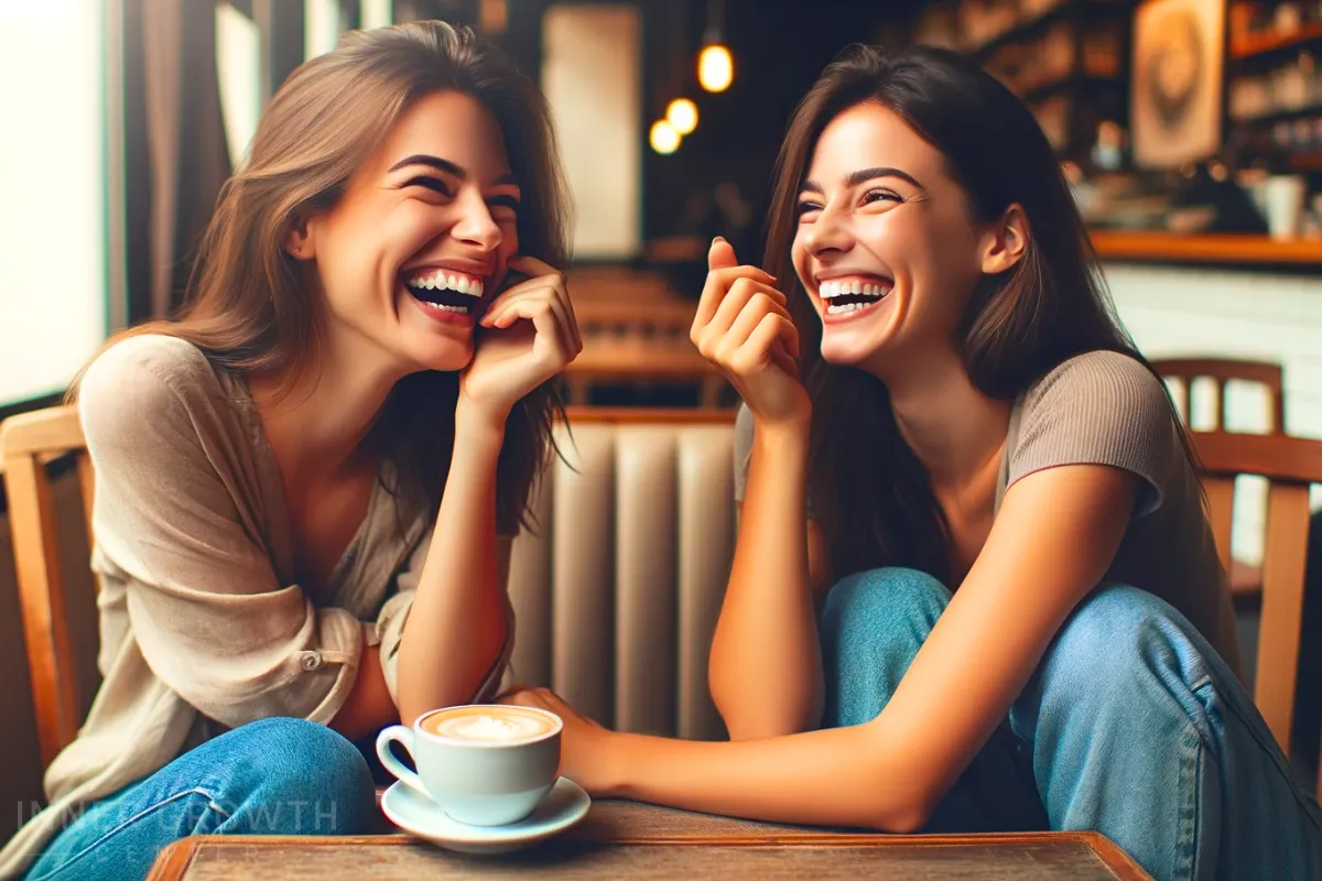 Two woman laughing and enjoying themselves over coffee.