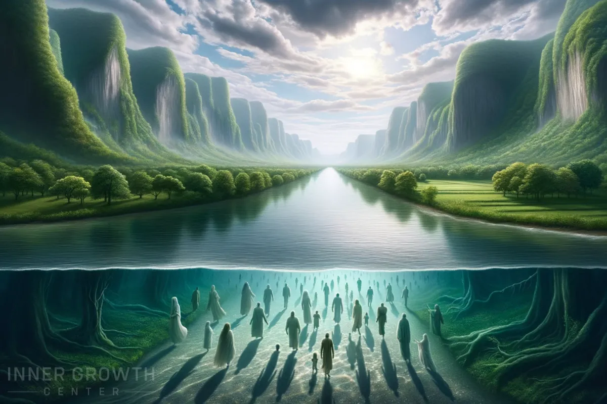 A calm river flowing through a valley. Beneath the water's surface, figures of people from different times, signifying the continuous flow of reincarnation and the lessons derived from past life karma.