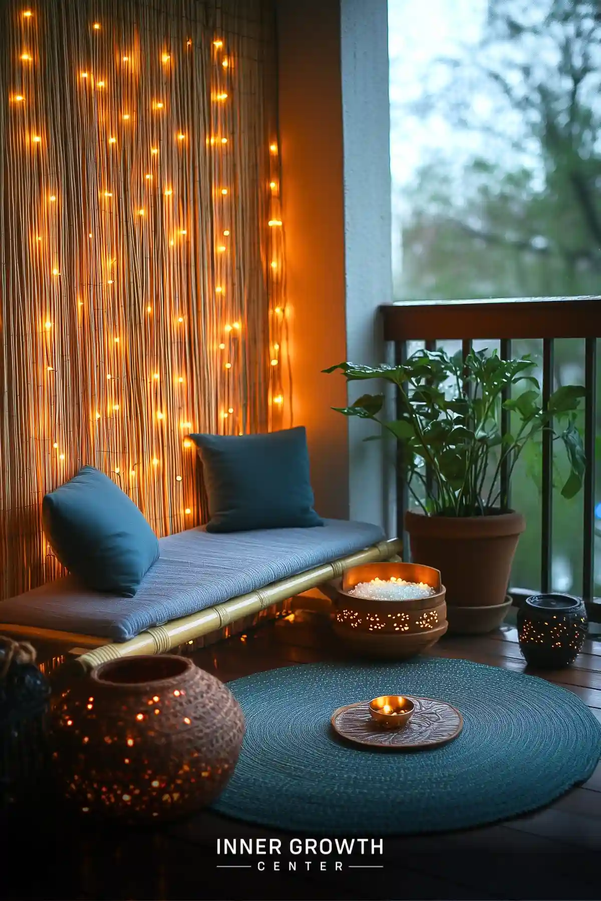 A balcony meditation space with string lights, bamboo seating, and glowing candle holders creates an intimate atmosphere for evening practice