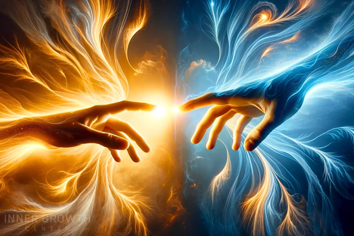 Two hands reaching towards each other, one in warm light and the other in cool glow, this image illustrates the different perspectives and energies individuals bring to relationships, harmoniously meeting in the middle.