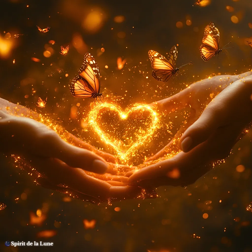 Two hands reaching out for new love, a heart, and butterflies around.