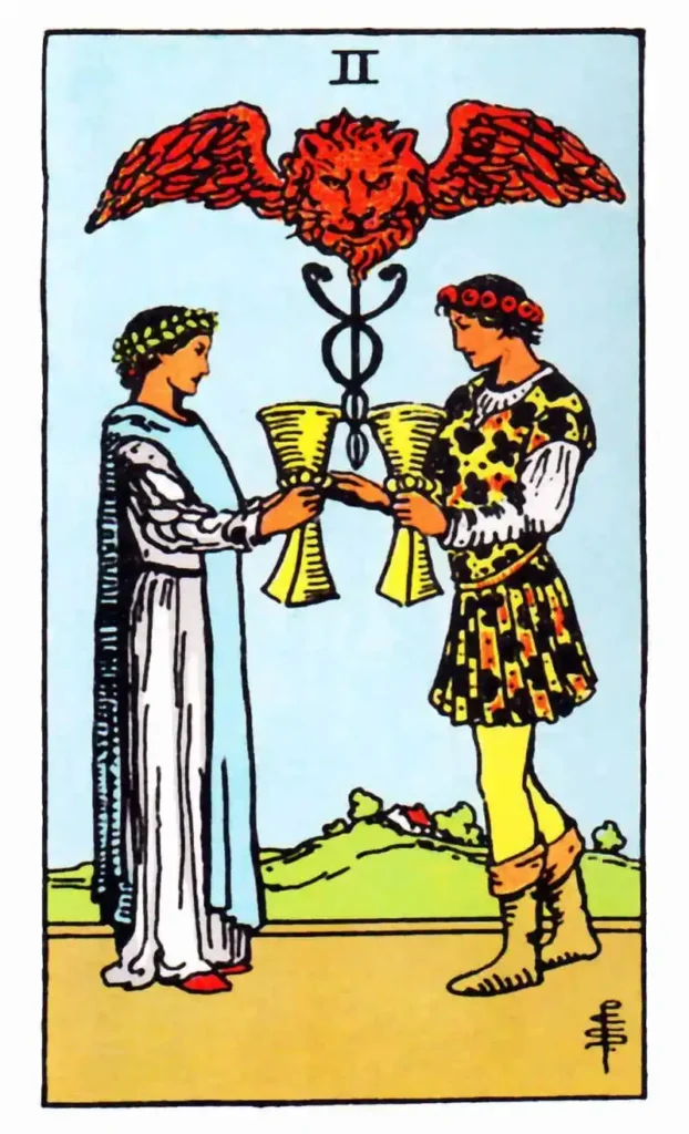 Two people holding two cups as the two of cups tarot card.